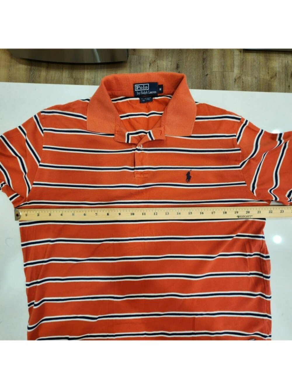 Vintage Polo Ralph Lauren Polo Shirt Pima Cotton Mesh Orange Stripes Mens Medium - Picture 6 of 8
